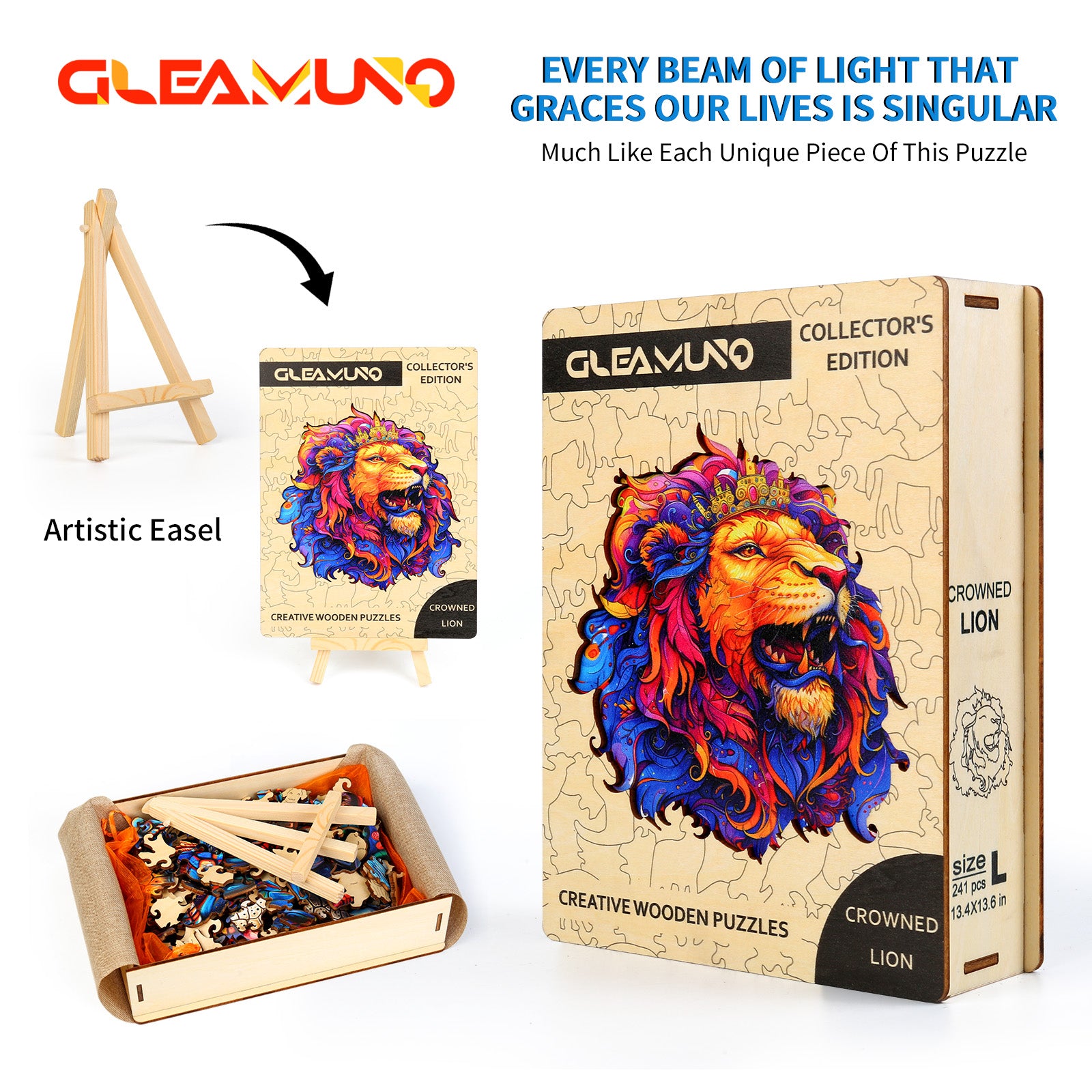 Crowned Lion Wooden Puzzle | Artistic Jigsaw for Adults | GLEAMUNO
